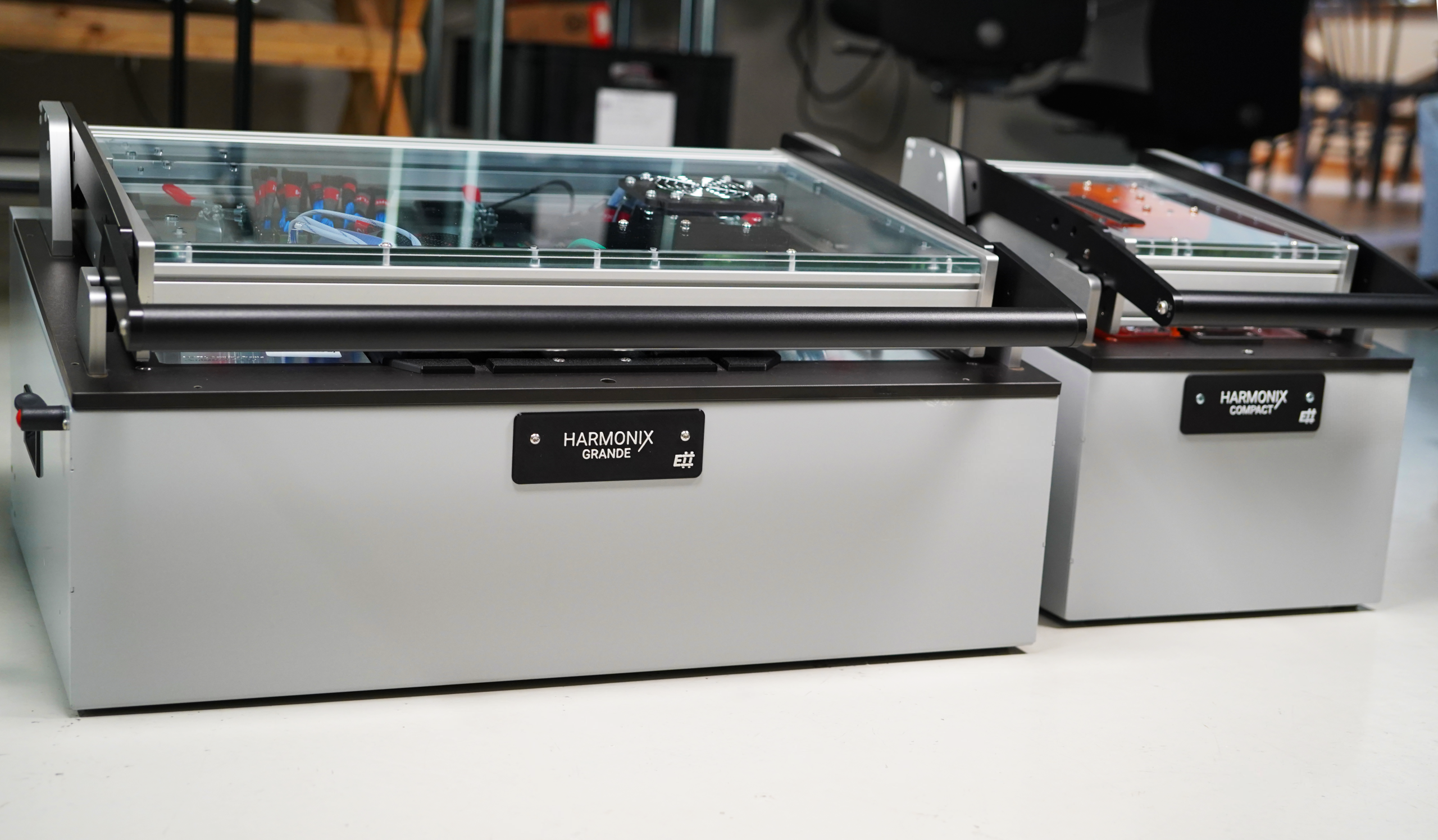 Harmonix Compact and Grande bed-of-nails test fixtures side by side