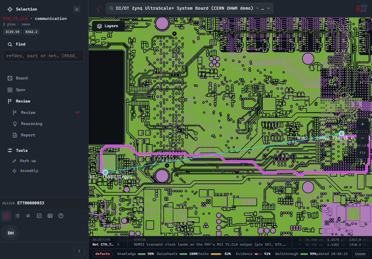 Probe board view: ETH_TX_CLK routed to LAN8831 pin 59 instead of pin 33 on CERN's DI/OT board — Ethernet can't transmit.