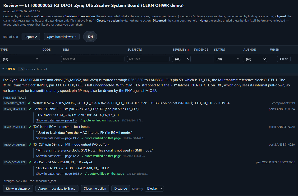 Probe evidence trace: netlist path plus verified datasheet quotes backing the finding — every claim cited or abstained.