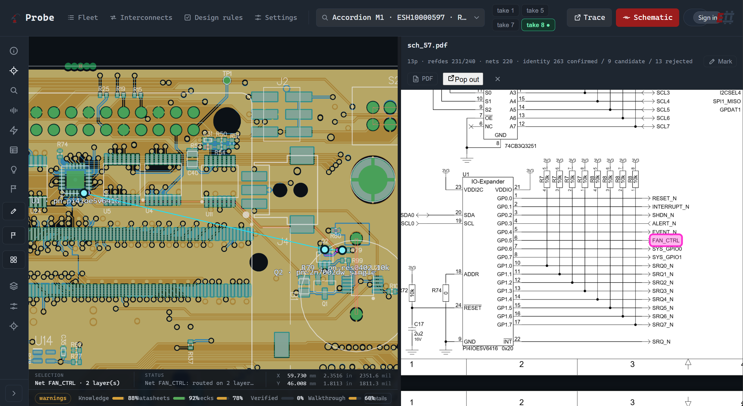 Cross-probing a net in Probe — the same net highlighted across the schematic and the layout